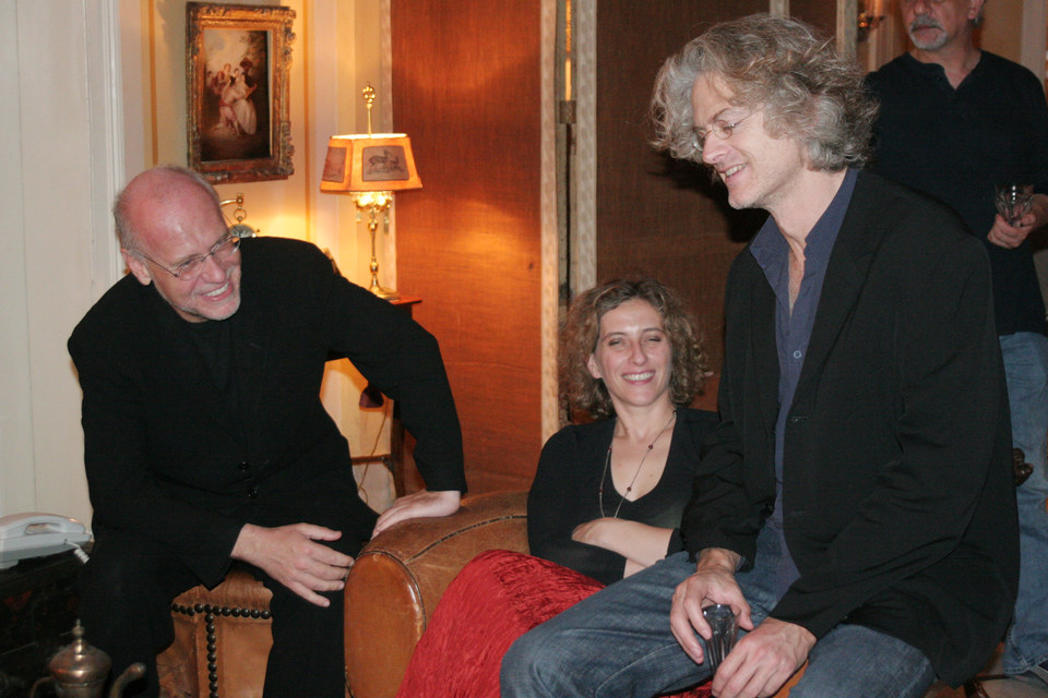Dinner, Left to right: Director of Venice, Marco Mueller, Cristina Demaria and Santiago Amigorena director of 9 Days in September. In the background, Nigol Bezgian, Director Road Full of Apricots