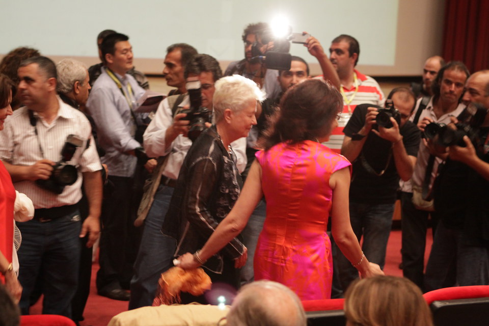 Mrs. Coppola walking into UNESCO with Nada Sardouk, Director General Ministry of Tourism