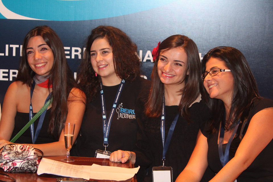 Some of the BIFF team in the theater, relaxing after the closing film unspools… Left to right: Serena Chami, Jamile Chami, Christelle Chami, Carel