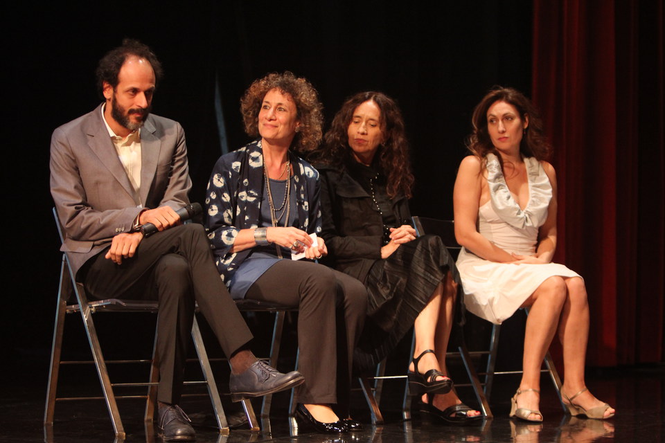 Members of the Jury on stage waiting to distribute the prizes Left to right: President Luca Gadagnino, Italian film director, Maysoun Pachachi,-Iraqi documentary filmmaker &amp; Christina Piccino-Italian film critic, Karin Albou, French-Tunisian film director
