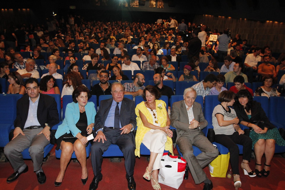View of theater before opening ceremony, seated infront: Giuliano Vincenti, Mrs. &amp; Mr. Joseph Vincent, Alice Edde, Emile Chahine member of Jury, Colette Naufal and Rita Daguerre member of jury