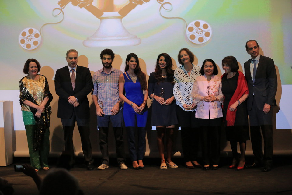 Group photo at end of ceremony, left to right: Alice Edde, Minister Mr. Michel Pharaon, Rami Kodeih, Carmen Bsaibes, Christelle Younes, Anna Rizk, The Philippina Ambassador, Colette Naufal, Tarek Chehab